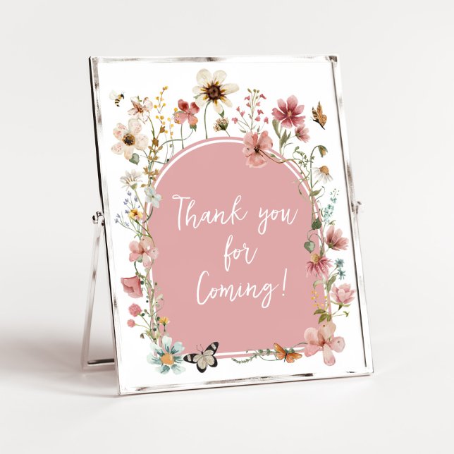 Poster Baby in Bloom Fleur sauvage Merci pour venir (Muted Pink Spring Flowers Baby Shower Thank You for Coming Sign)