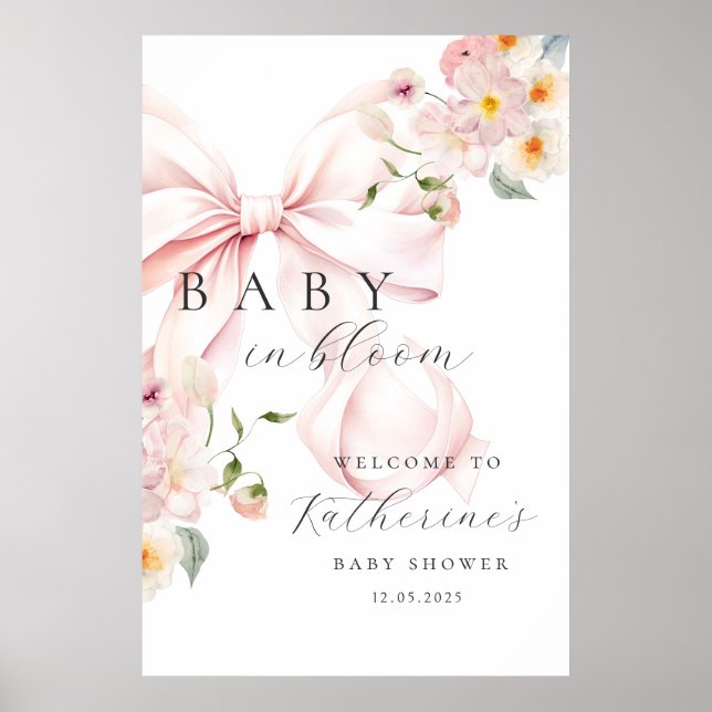Poster Baby In Bloom Rose Bow Baby shower Bienvenue (Devant)
