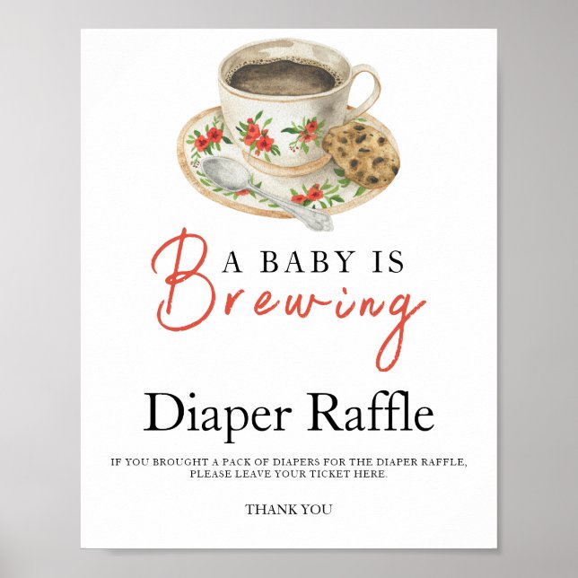 Poster Baby is brewing coffee baby shower diaper raffle  (Devant)