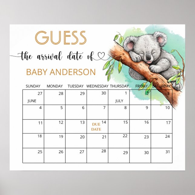 Poster Baby Koala Baby shower Guess Date d'échéance Calen (Devant)