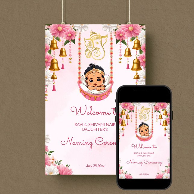 Poster Baby Naming Cradle Indian Cérémonie rose bienvenue (Baby Naming Cradle Indian Namkarana Ceremony pink welcome Poster template digital download cute girl)