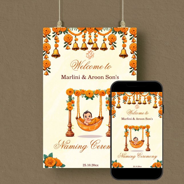 Poster Baby Naming Cradle Indian Ceremony signe de bienve (Baby naming cradle namkaran ceremony welcome sign editable template digital download marigolds crib)