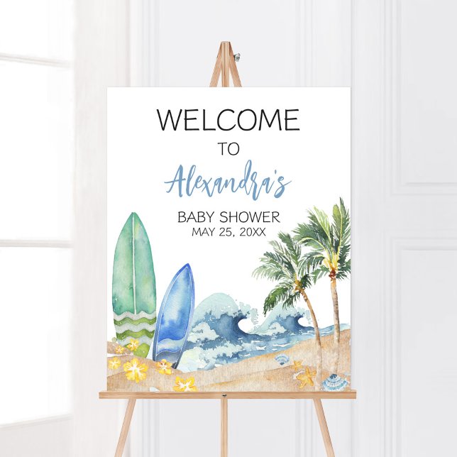 Poster Baby on Board Baby shower de plage Bienvenue (Surfing Summer Boy Baby Shower Welcome Sign)