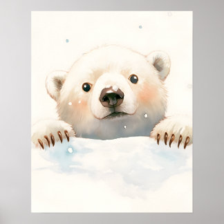 Poster Baby Polar Bear In the Snow Holiday Painting 