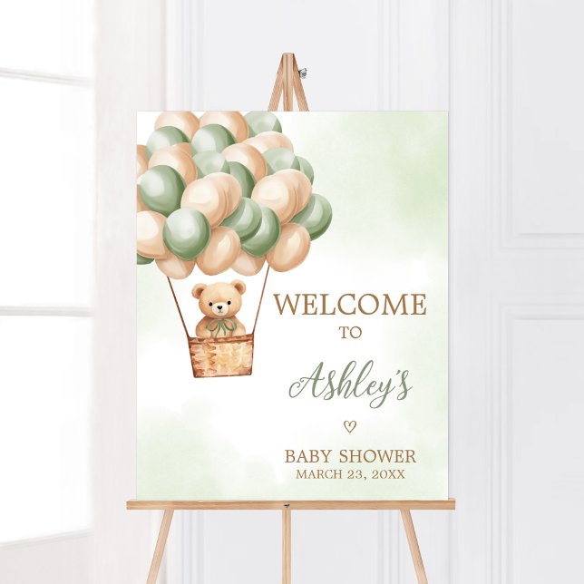 Poster Baby shower à bulle à air chaud Ours vert Accueil (Boho Green Bear Baby Shower Welcome Sign)