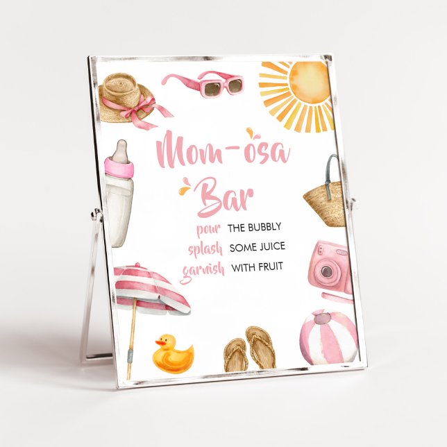 Poster Baby shower à éclaboussures rose Maman Bar Osa (Girl Summer Beach Baby Shower Mom Osa Bar Sign)