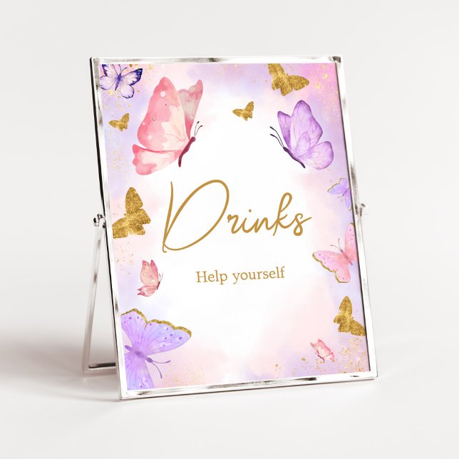 Poster Baby shower à papillon rose violet en or (Boho Butterfly Baby Shower Drinks Sign)