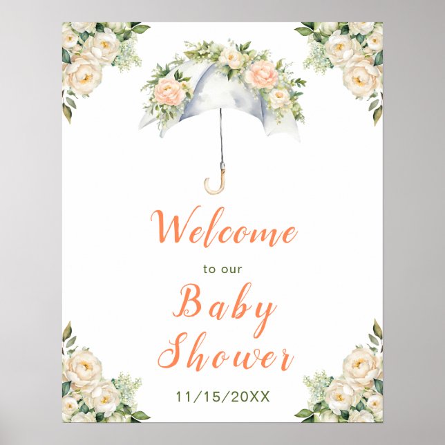 Poster Baby shower à parapluies florales (Devant)