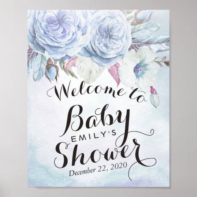 Poster Baby shower Accueil Aquarelle Boho Fleur Plumes (Devant)