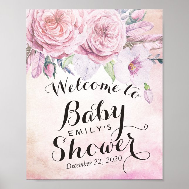 Poster Baby shower Accueil Aquarelle Boho Fleur Plumes (Devant)
