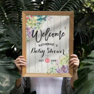 Poster Baby shower Accueil Plantes Succulents Bois rustiq