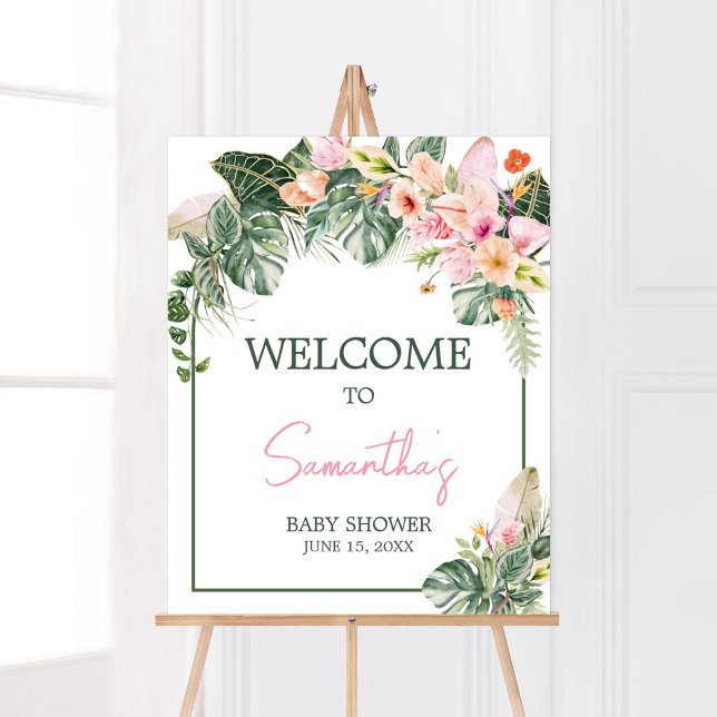 Poster Baby shower Aloha Bienvenue (Aloha Pink Hawaiian Baby Shower Welcome Sign)