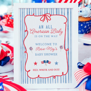 Poster Baby Shower Américain Tout en Rayures Rouges et Bl