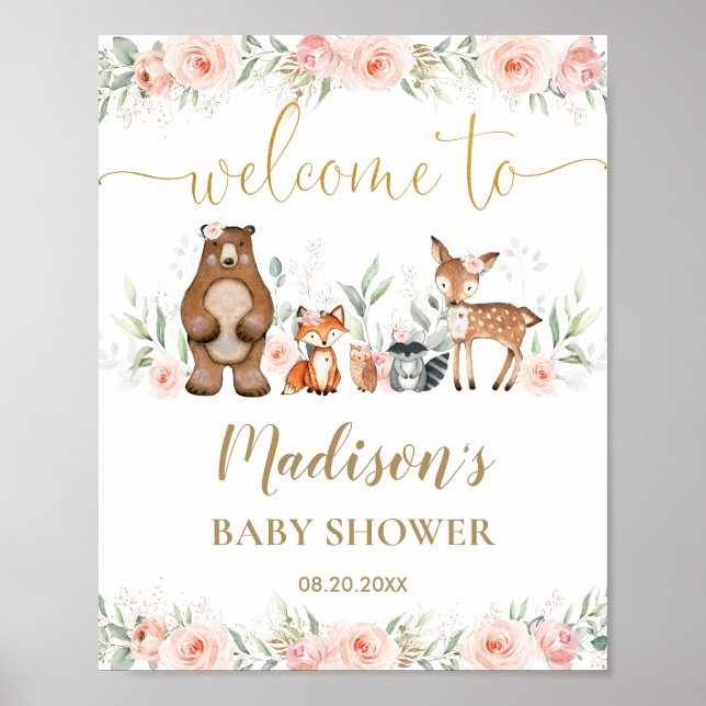 Poster Baby shower animal rose Floral Bois Bienvenue (Devant)