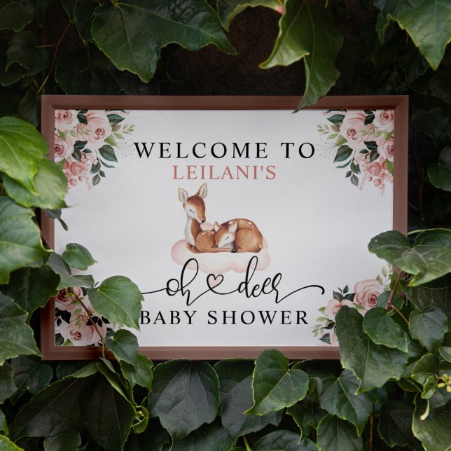 Poster Baby shower Aquarelle Oh Cerf Rose Floral Bienvenu (Créateur téléchargé)