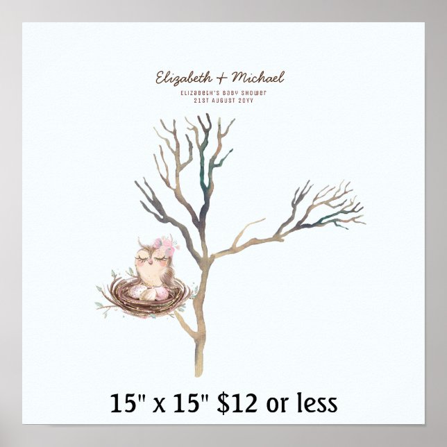 Poster Baby Shower Arbre Empreintes de Doigts Chouette Œu (Devant)