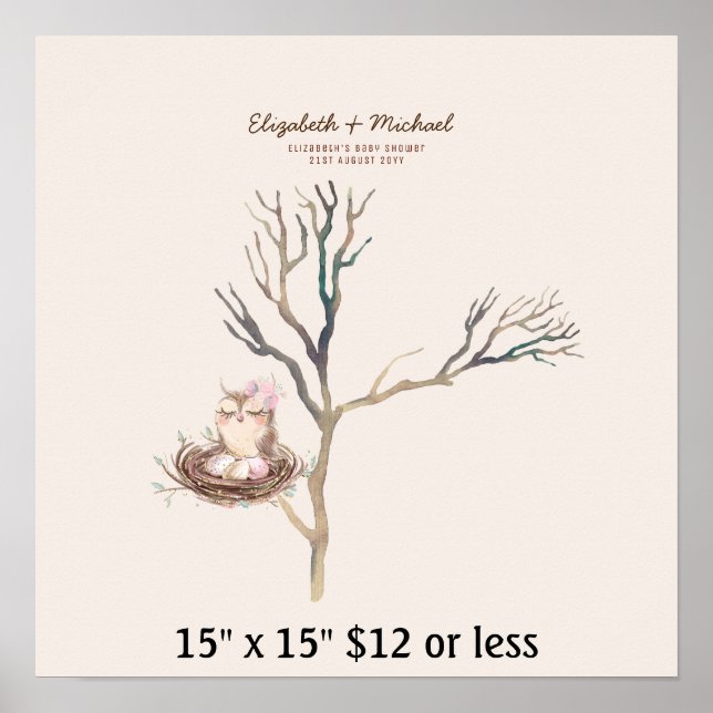 Poster Baby Shower Arbre Empreintes Fleurs Nid de Hibou A (Devant)
