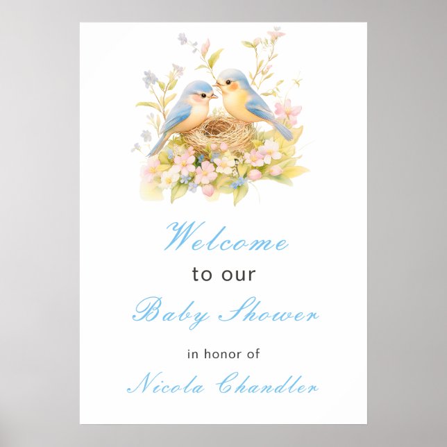 Poster Baby shower aux oiseaux de printemps (Devant)