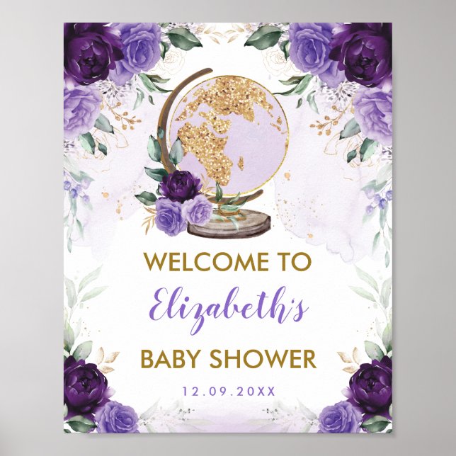 Poster Baby Shower Aventure Voyage Fleurs Dorées (Devant)