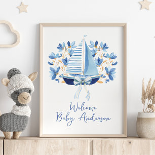Poster Baby Shower Bateaux Bleus & Rubans