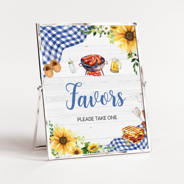 Poster Baby shower BBQ Bleu Tournesol Faveurs (Boy Picnic Backyard Baby Shower Favors Sign)