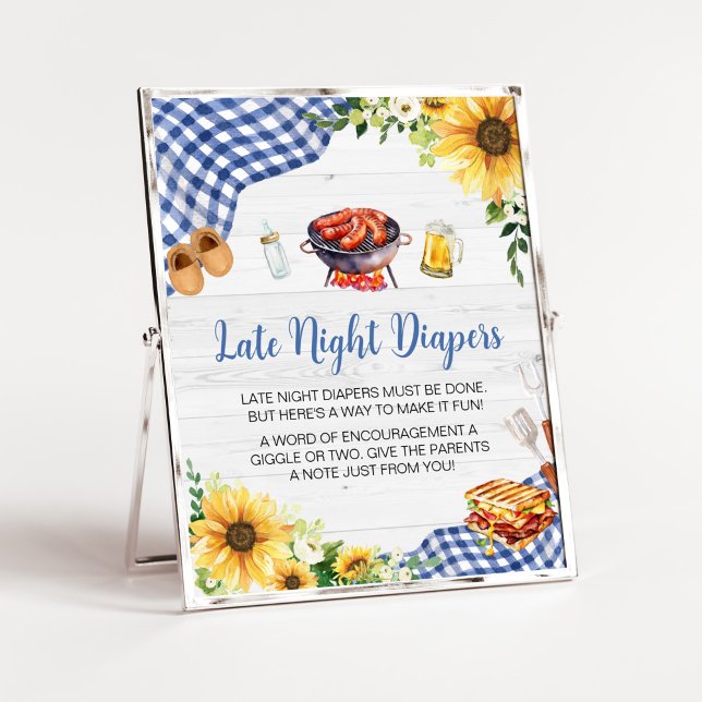 Poster Baby shower BBQ Bleu Tournesol Late Nuit Diapositi (Boy Picnic Backyard Baby Shower Late Night Diapers Sign)
