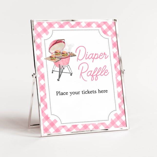 Poster Baby shower BBQ Burger Rose Barbecue Raffin (Girl Backyard BBQ Baby Shower Diaper Raffle Sign)