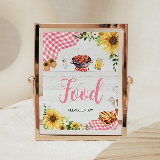 Poster Baby shower BBQ de tournesol rose (Baby- Q Backyard Baby Shower Food Sign)