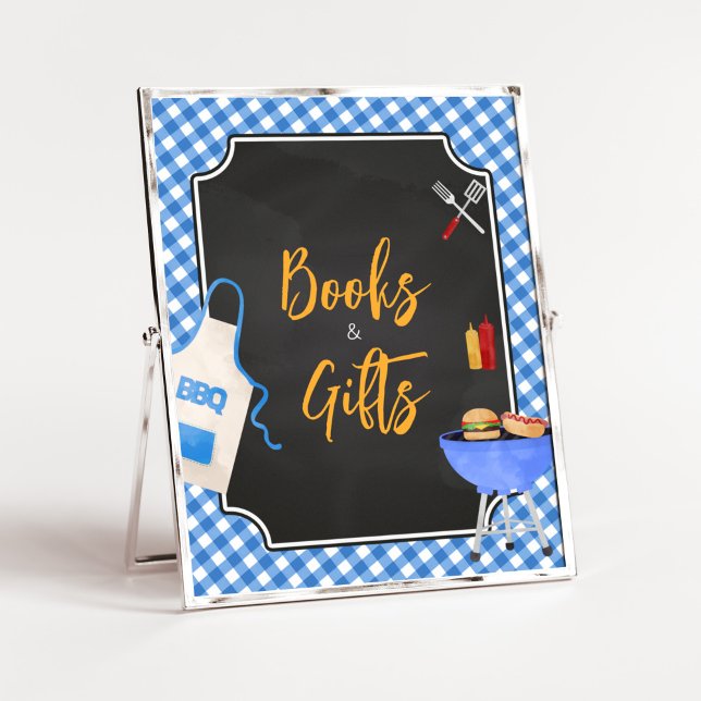 Poster Baby shower BBQ En vichy Bleu Livres et Cadeaux (Boy Baby-Q Baby Shower Books and Gifts Sign)