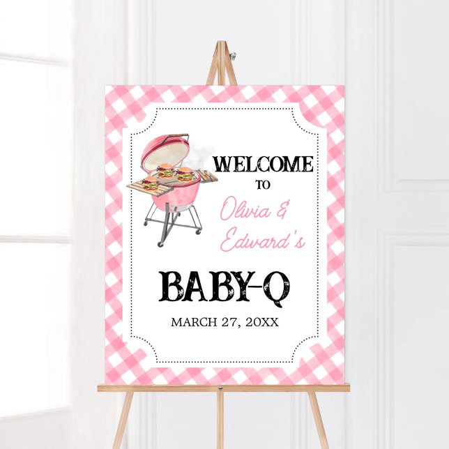 Poster Baby shower BBQ Pink Burger (Girl Backyard BBQ Baby Shower Welcome Sign)