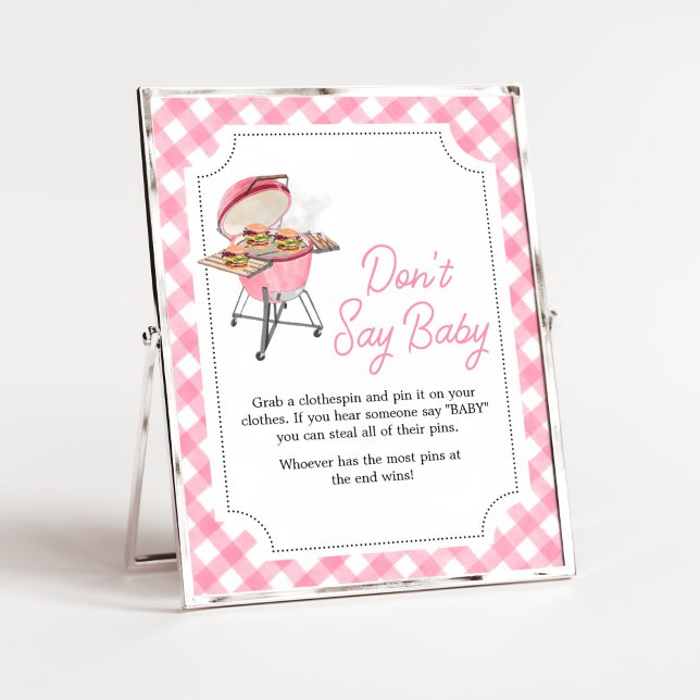 Poster Baby shower BBQ Pink Burger Ne pas dire bébé (Girl Backyard BBQ Baby Shower Don't Say Baby Sign)