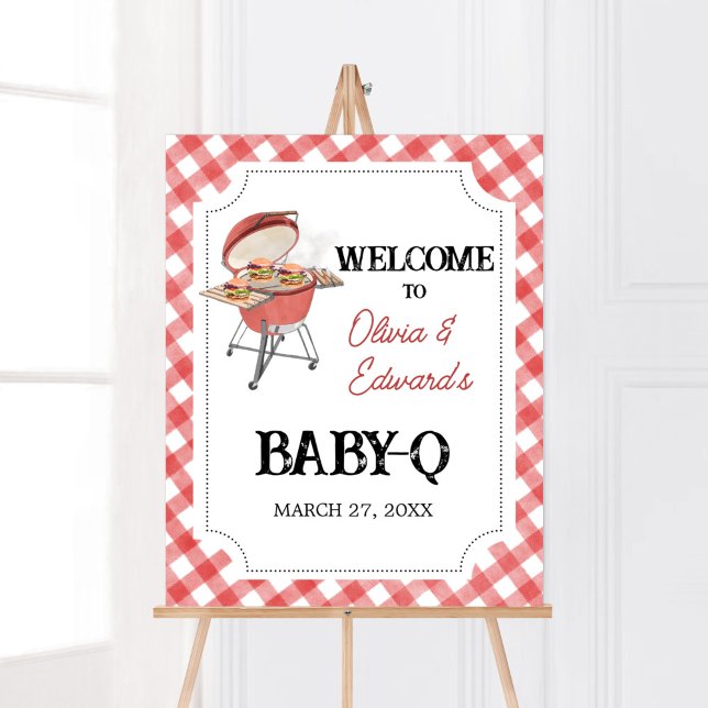 Poster Baby shower BBQ Red Burger Bienvenue (Backyard BBQ Baby Shower Welcome Sign)