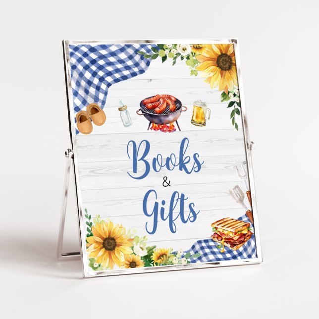 Poster Baby shower BBQ Sunflower bleu Livres et cadeaux (Boy Picnic Backyard Baby Shower Books and Gifts Sign)