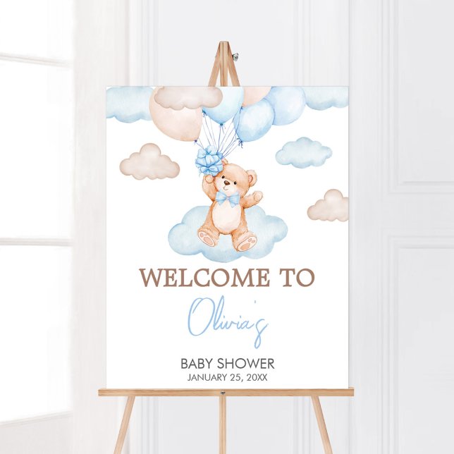 Poster Baby shower Bébé Bear Bleu Bienvenue (Blue Bear Balloon Baby Shower Welcome Sign)