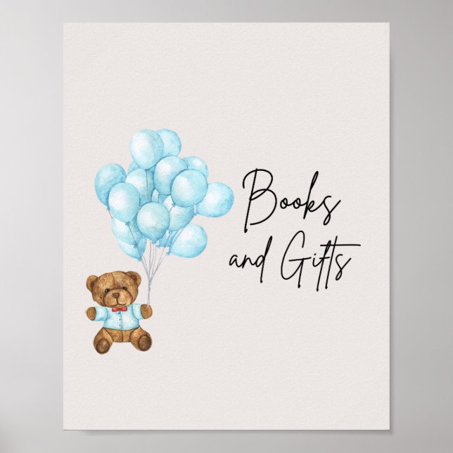 Poster Baby shower Bébé Bleu Ours Livres & Cadeaux (Devant)