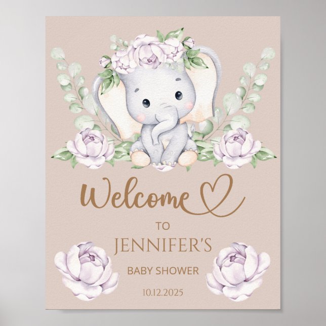 Poster Baby shower bébé éléphant et fleurs Bienvenue (Devant)