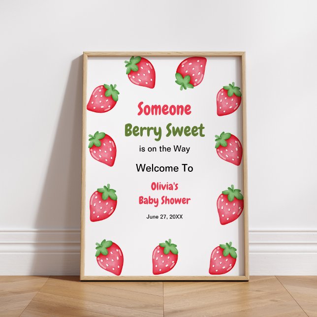 Poster Baby shower Berry Sweet Strawberry Bienvenue (Someone Berry Sweet is on the Way Strawberry Baby Shower Welcome Sign )
