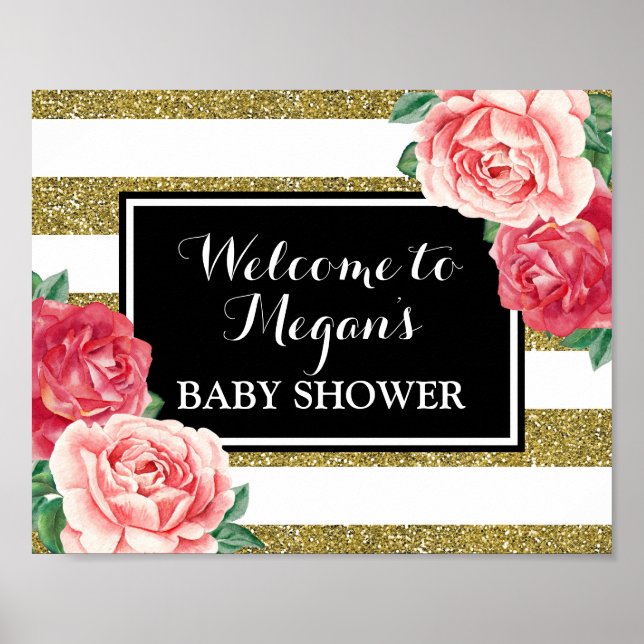 Poster Baby shower Bienvenue Black Gold Rose Floral (Devant)