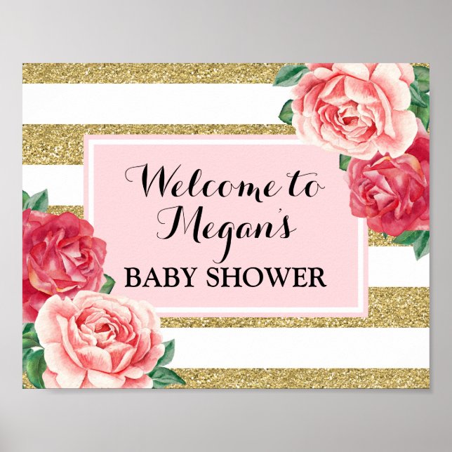 Poster Baby shower Bienvenue Blush or rose floral (Devant)