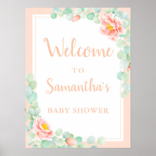 Poster Baby shower Bienvenue Eucalyptus Foliage Peony Pea