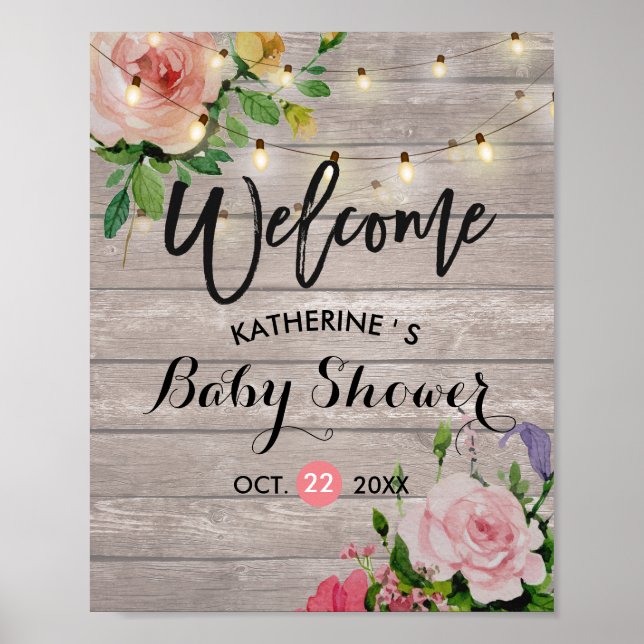 Poster Baby shower Bienvenue Floral String Lights Barne B (Devant)