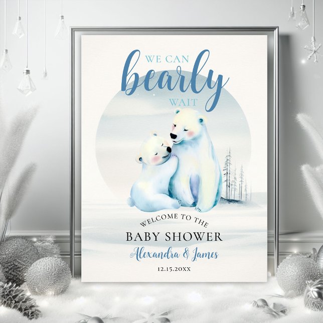 Poster Baby Shower Bienvenue Ourson Polaire Garçon Attend (winter boy baby shower bearly wait polar bear mama cub watercolor welcome sign poster)
