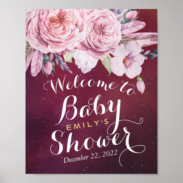 Poster Baby shower Bienvenue Plumes florales Bourgogne Ro (Devant)
