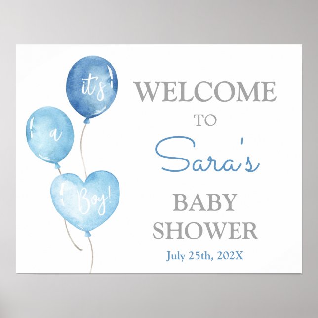 Poster Baby shower Bleu Ballons Boy Panneau de bienvenue (Devant)