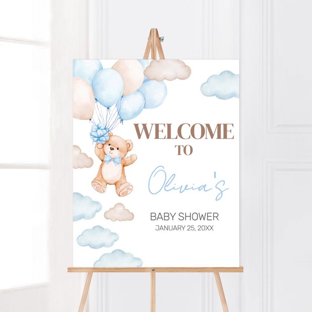 Poster Baby shower Bleu Bear Balloon Bienvenue (Blue Baby Bear Balloon Baby Shower Welcome Sign)