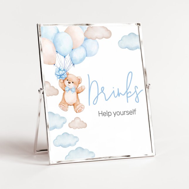 Poster Baby shower Bleu Bear Balloon Boissons (Blue Baby Bear Balloon Baby Shower Drinks Sign)