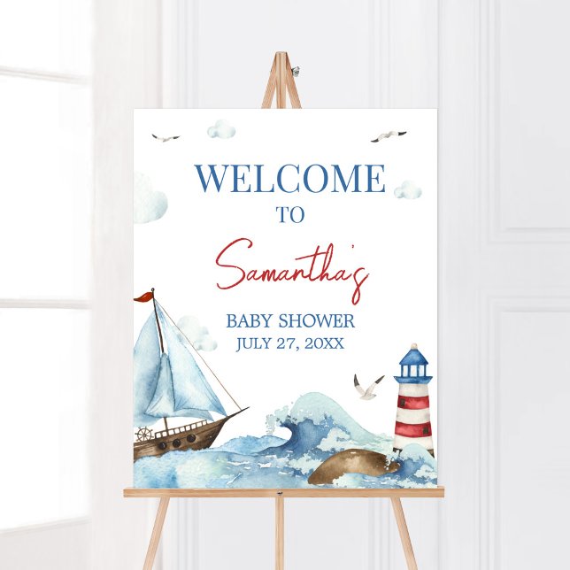 Poster Baby shower bleu bleu rouge (Ahoy It’s A Boy Baby Shower Welcome Sign)