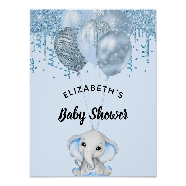 Poster Baby shower bleu clair éléphant garçon ballons (Devant)