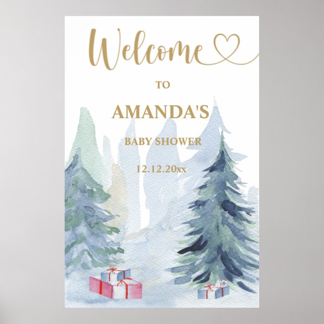Poster Baby shower bleu d'hiver bienvenue (Devant)