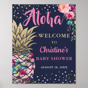 Poster Baby shower bleu marine à ananas tropical rose